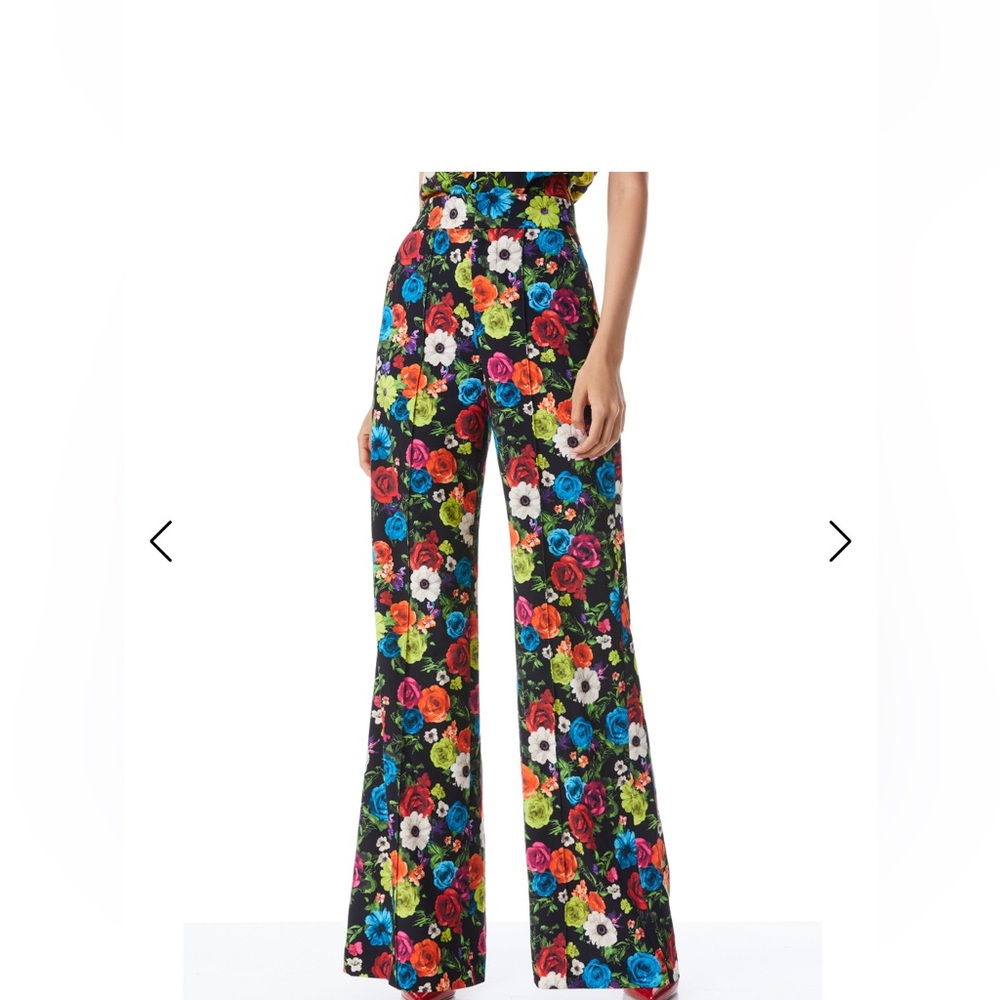 Alice + Olivia Black Wide-Leg Floral Pants with Multicolor Flowers